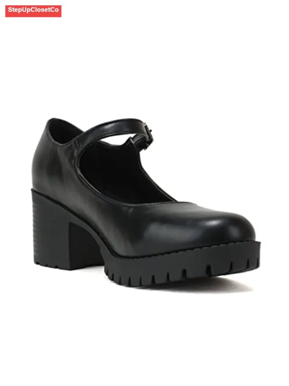 Mary Jane Round Toe Chunky Block Heel Lug Sole Pump with Adjustable Strap
